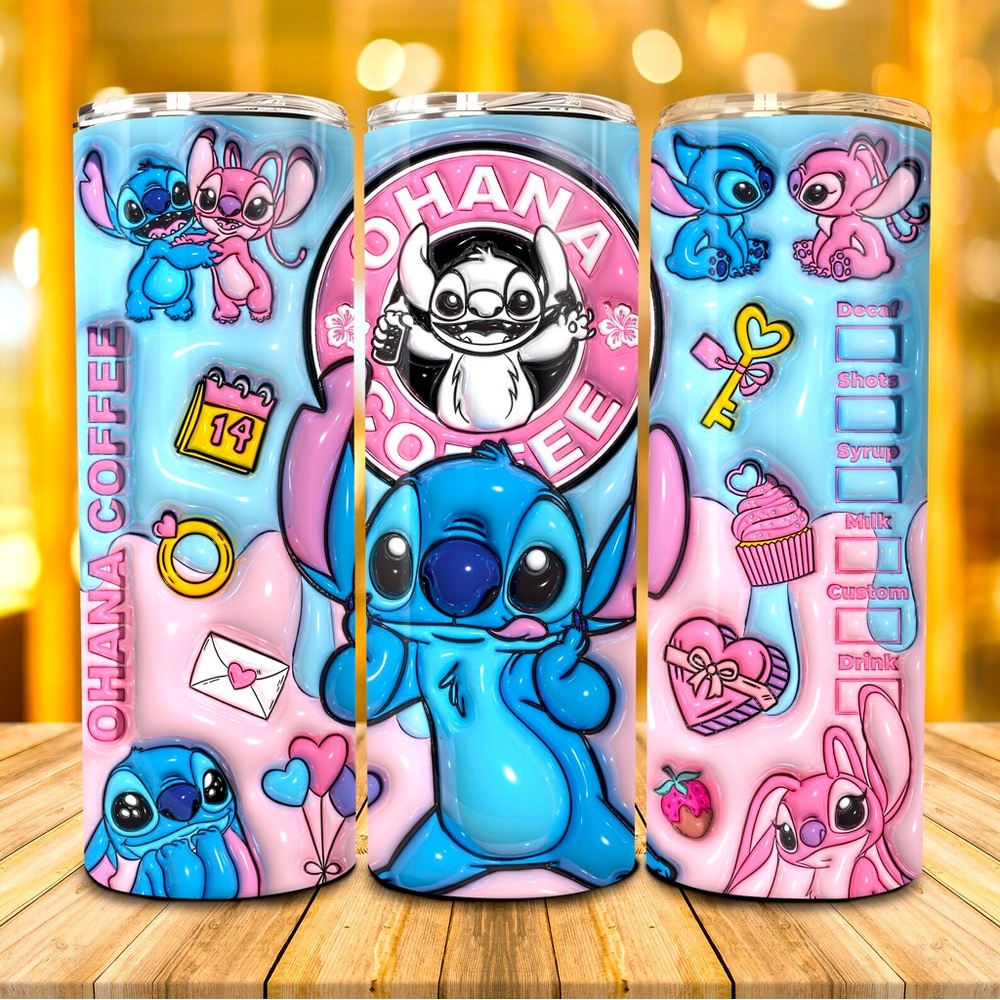 🆕 3D Stitch - Ohana Coffee - “Valentines Puff” - Stainless Steel Tumbler - 20oz